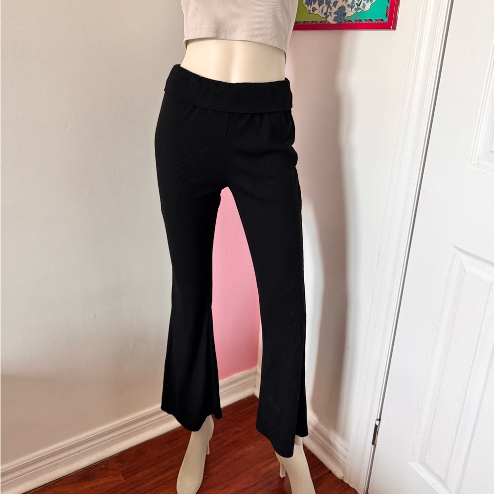Black Fold Over Flare Ribbed Pants